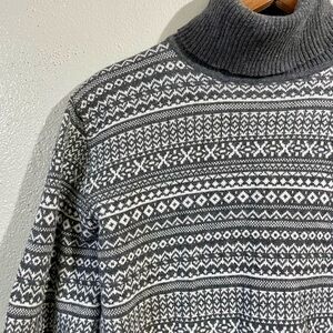 LL Bean L Gray Fair Isle Cotton Cashmere Blend Turtleneck Sweater Knit Pullover